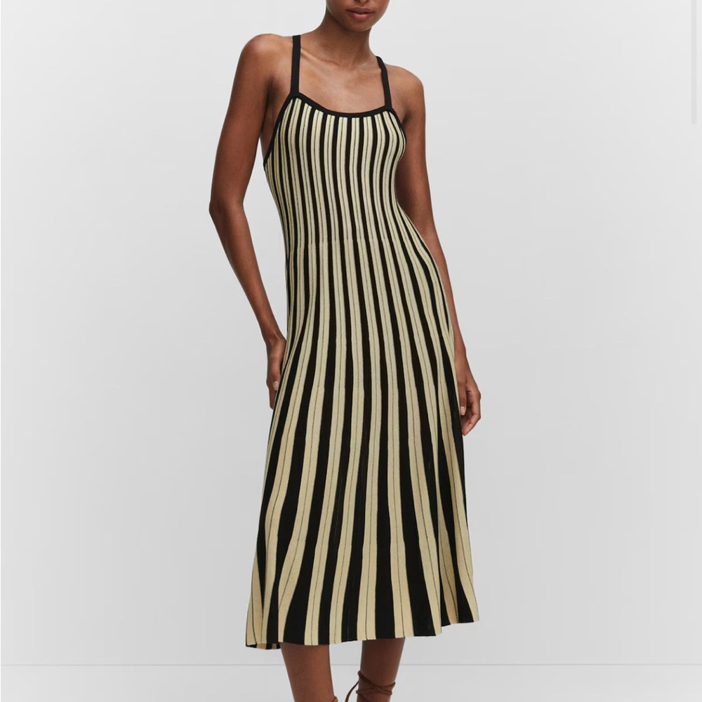 Mango Black and Cream Striped Midi Dress